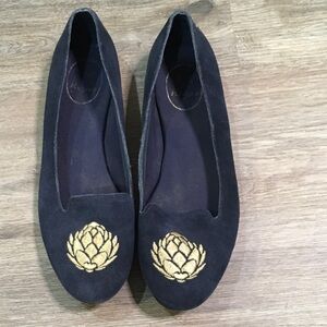 Jack Rogers Black Flats with Gold Embroidery